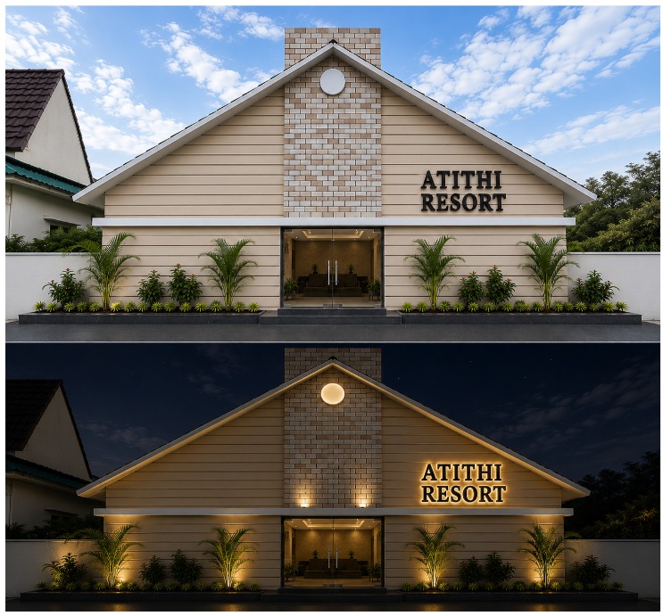 Hotel Atithi Resort Ellora exterior in daylight and at night